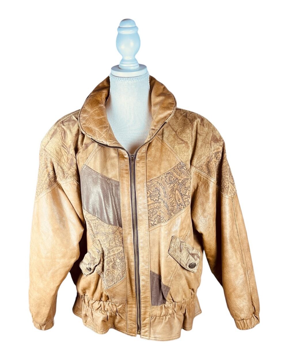 Winlit Vintage 80s Tan Patchwork Leather Suede Paisley Bomber Jacket Small
